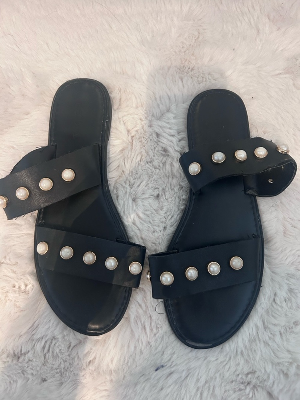 Women’s Black Pearl-Embellished Slide Sandals
